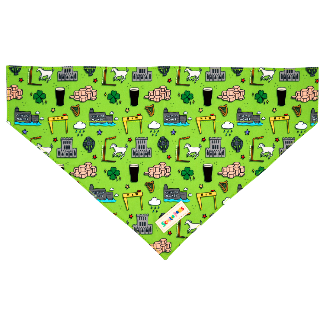 All Ireland Green Dog Bandana featuring a pint of Guinness, a Celtic Harp, a Shamrock