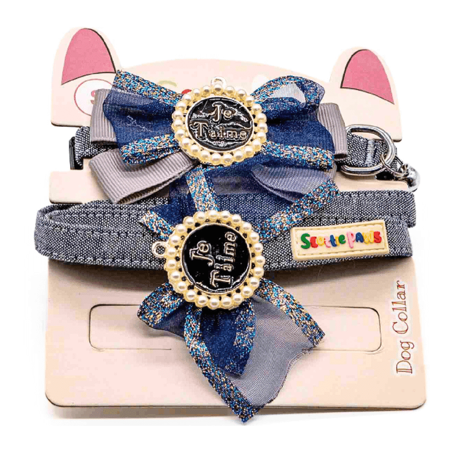 A Little French Navy Collar, Lead, Bow Tie Set