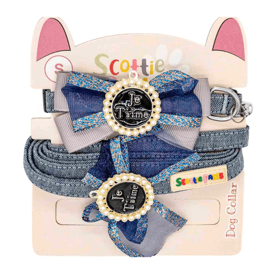 A Little French Navy Collar, Lead, Bow Tie Set